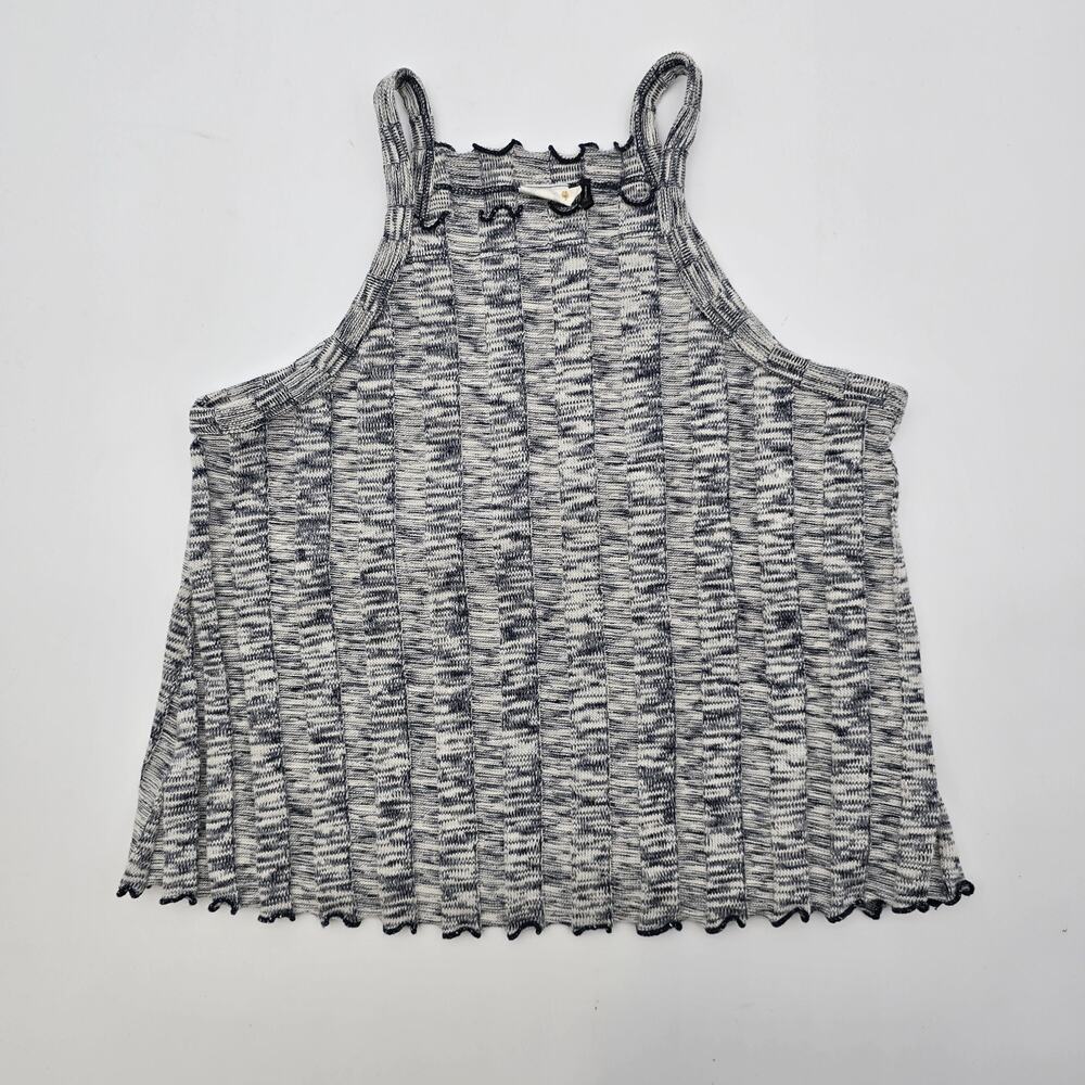 Anthropologie Top Womens XS Gray Navy Tank Crop Sweater Lettuce Hem Ribbed Kaden